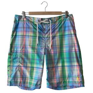 Polo Ralph Lauren Swim Trunks Shorts Mens Size 32 Plaid Multicolor Drawstring